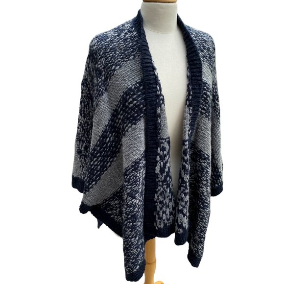 Loft Wool Alpaca Shawl Sweater Blue Chunky Stripe Equestrian Western Ranch-M/L - Picture 1 of 14